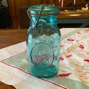 Vintage Ball Blue Glass Canister with Bail Lid -